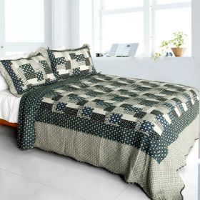 [Winter Light] Cotton 3PC Vermicelli-Quilted Polka Dot Patchwork Quilt Set (Full/Queen Size)