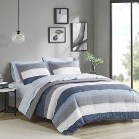Stripe Comforter Set with Bed Sheets Blue/Grey Queen